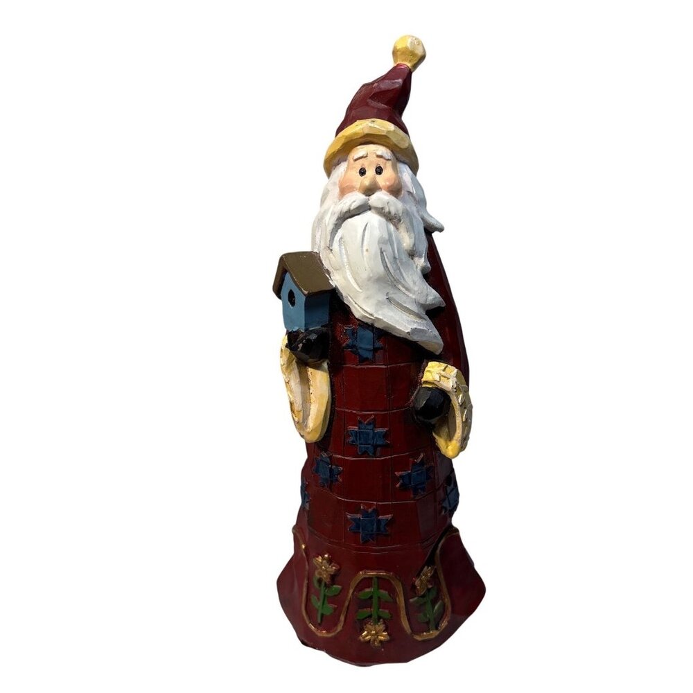 Santa Claus Figurine With Birdhouse 8" Tall Holiday Decor Red Gold Blue